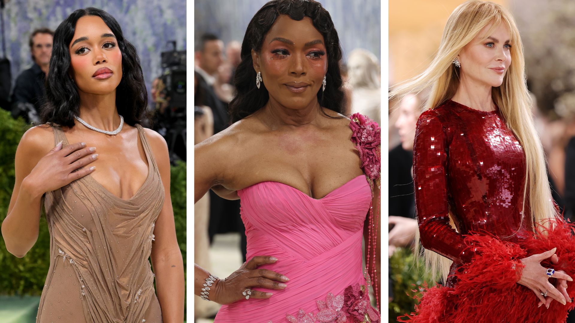 Laura Harrier, Angela Bassett and Nicole Kidman at the 2026 met gala all pictured with champagne manicures