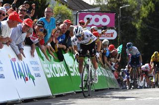 HUY BELGIUM APRIL 20 Julian Alaphilippe of France and Team QuickStep Alpha Vinyl crosses the finish line during the 86th La Flche Wallonne 2022 Mens Elite a 2011km one day race from Blegny to Mur de Huy 204m WorldTour FlecheWallonne on April 20 2022 in Huy Belgium Photo by Luc ClaessenGetty Images