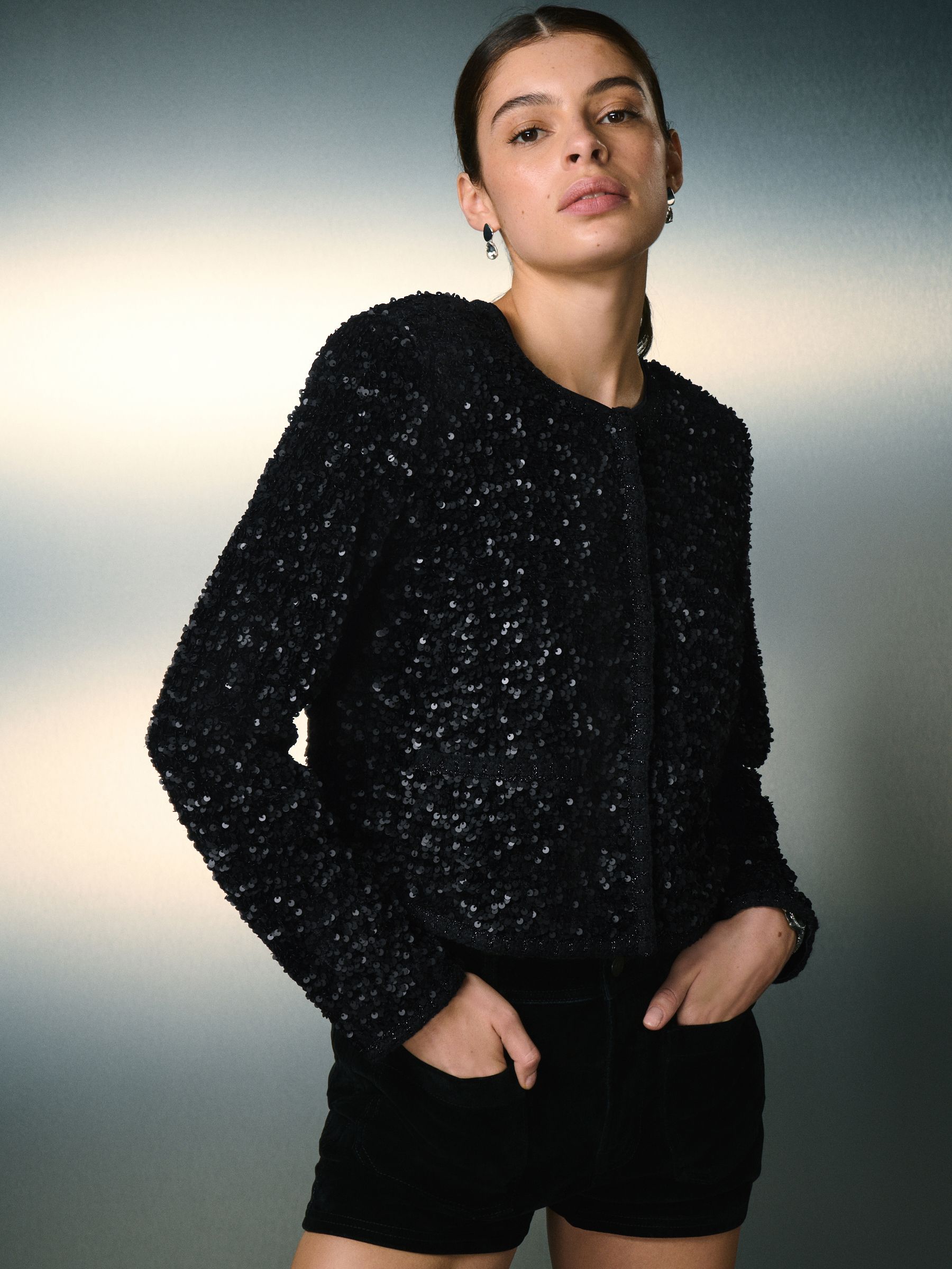 Black Velvet Sequin Embellished Jacket