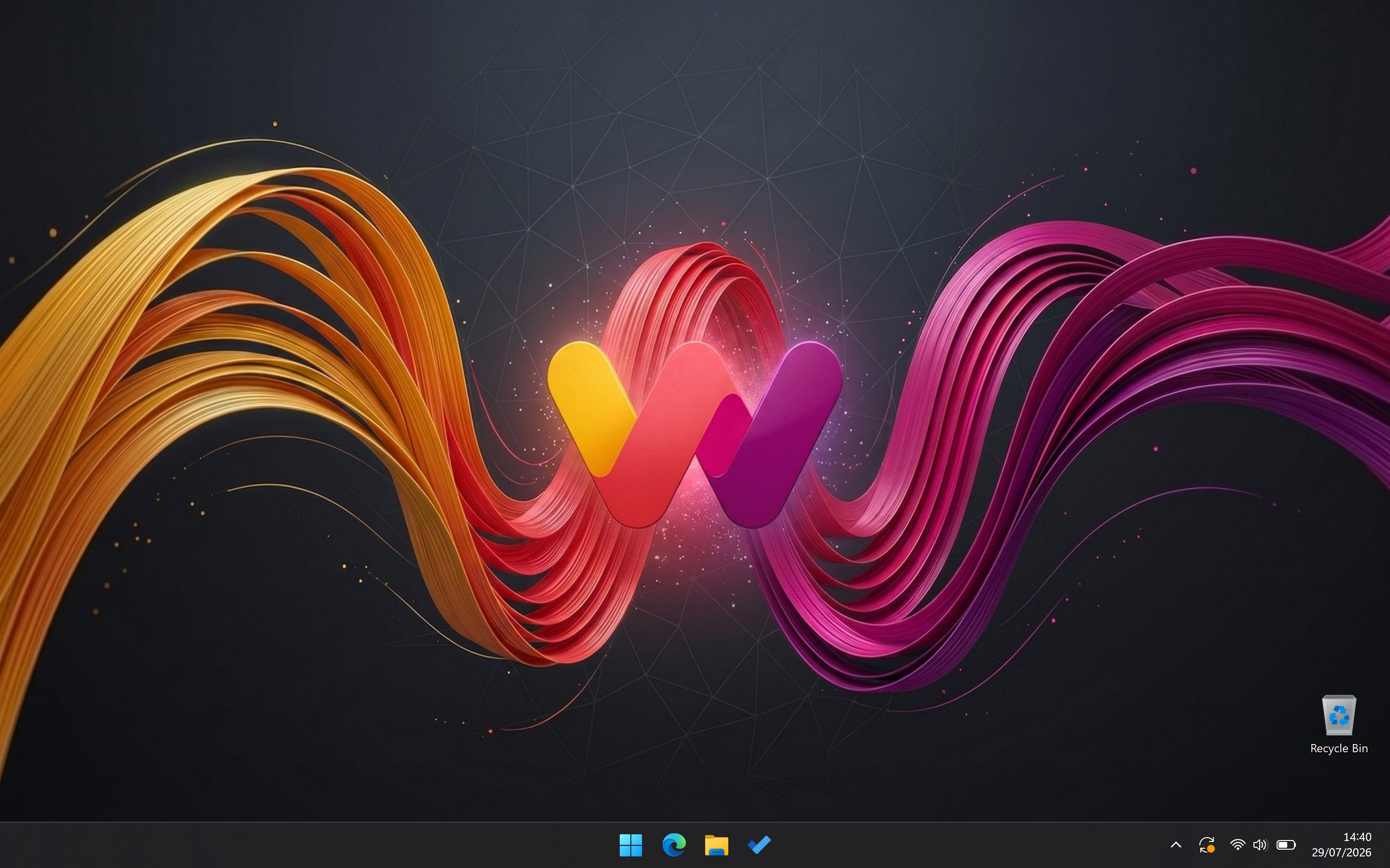 Windows 11 Desktop with Windows Central ribbons wallpaper, showing Taskbar and Recycle Bin