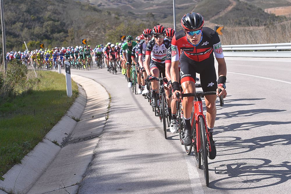 Loic Vliegen leads the long line of suffering during stage 2 at Volta ao Algarve