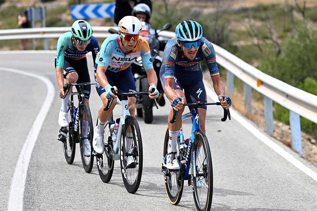ARAMON VALDELINARES, SPAIN - AUGUST 29: Filippo Zana of Italy and Team Soudal Quick-Step competes in the chase group during the La Vuelta - 81st Tour of Spain 2026, Stage 7 a 149.48m stage from Vall d&amp;amp;apos;Alba to Aramon Valdelinares 1965m / #UCIWT / on August 29, 2026 in Aramon Valdelinares, Spain. (Photo by Tim de Waele/Getty Images)