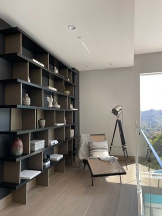 a living room with bookshelves