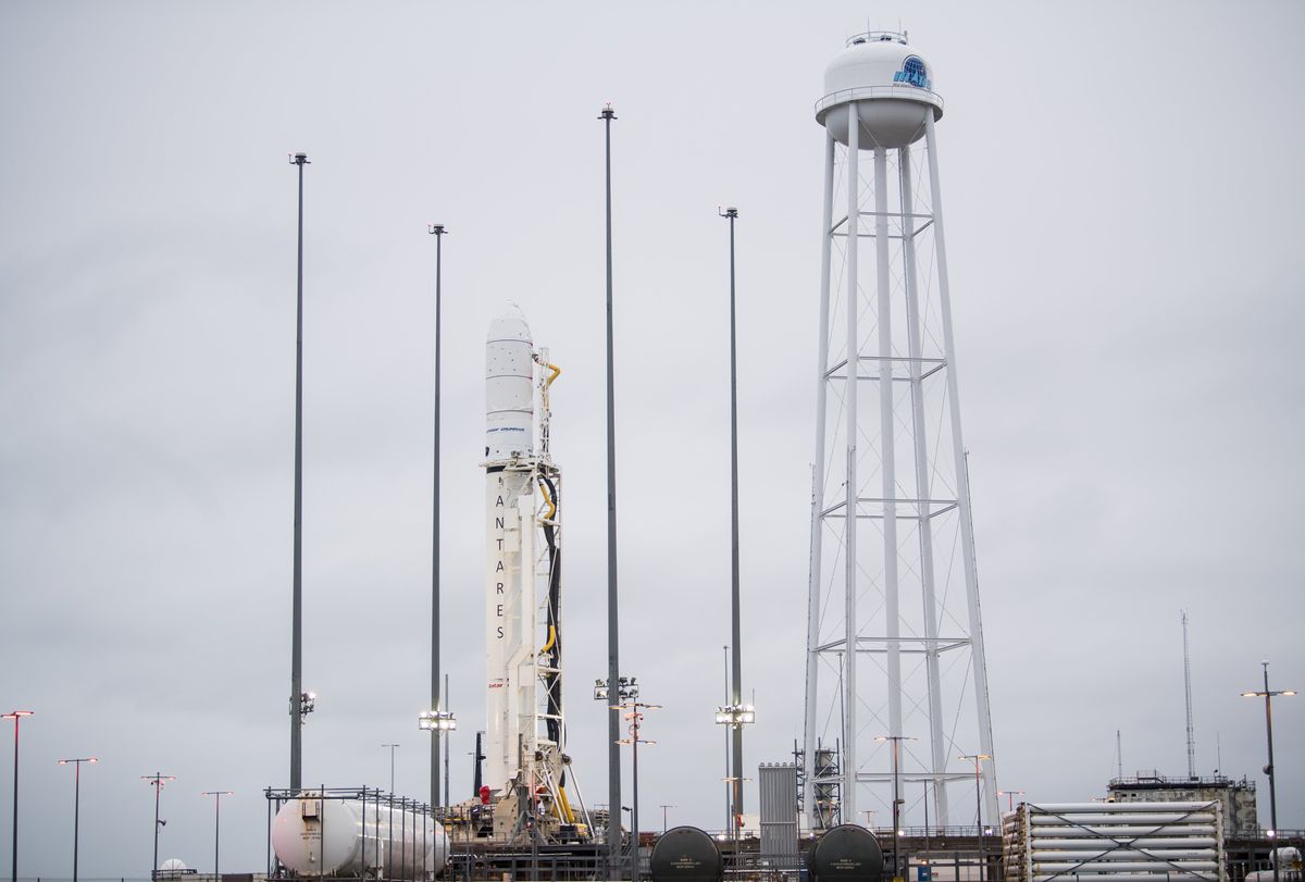 A Northrop Grumman Antares rocket carrying the Cygnus NG-13 spacecraft sits atop Pad 0A of the Mid-Atlantic Regional Spaceport at NASA&#039;s Wallops Flight Facility on Wallops Island, Virginia on Feb. 5, 2020. 