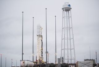 A Northrop Grumman Antares rocket carrying the Cygnus NG-13 spacecraft sits atop Pad 0A of the Mid-Atlantic Regional Spaceport at NASA's Wallops Flight Facility on Wallops Island, Virginia on Feb. 5, 2020. 
