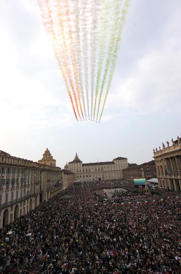 The Frecce tricolori left plumes of green, white and red smoke to linger in the skies