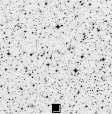animation showing a stellar eruption, appearing as a large black smudge that blooms among many small black dots against a whitish background