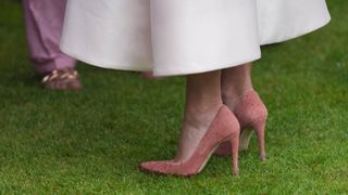A close-up of Zara Tindall's footwear with heel stoppers at the Sovereign's Garden Party