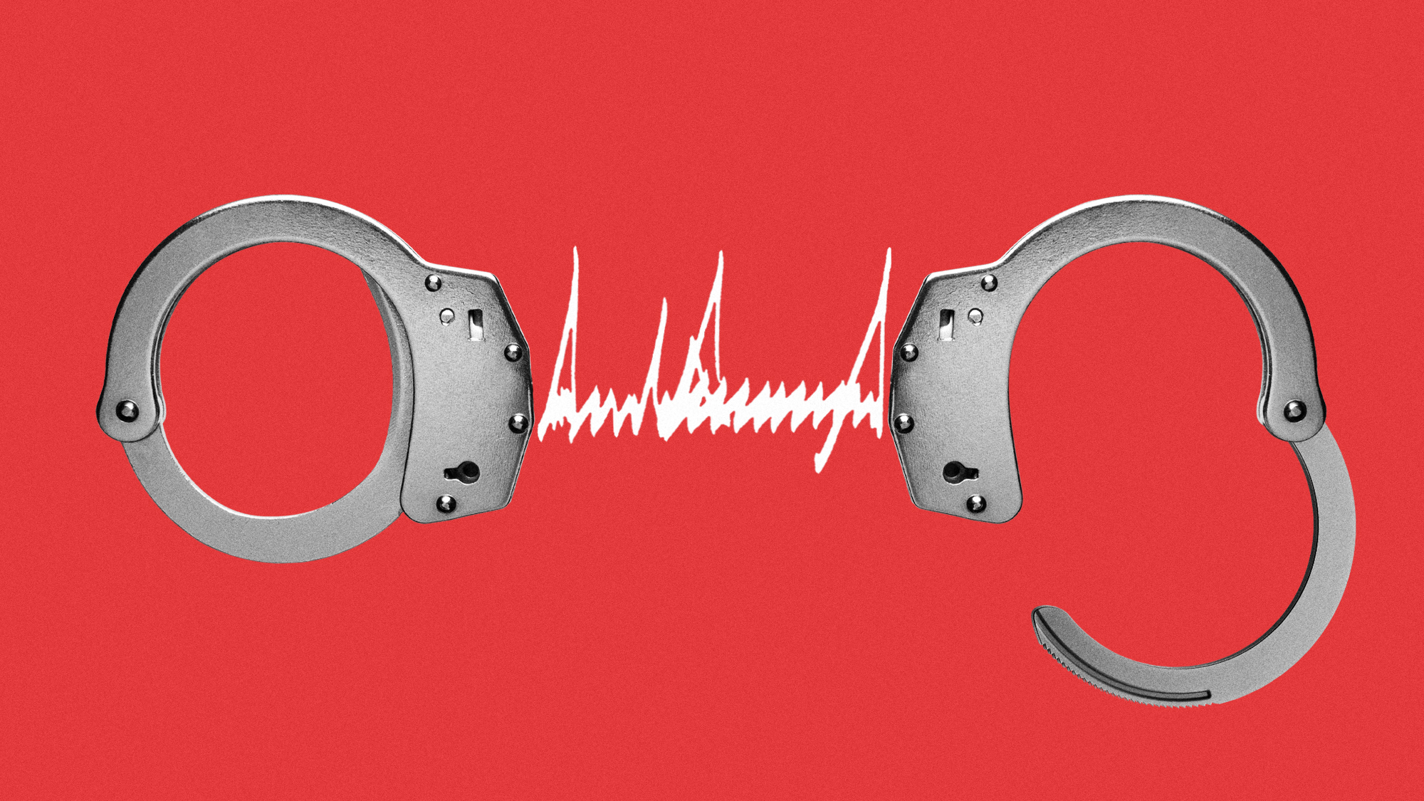 Illustration of open handcuffs chained together with Donald Trump's signature