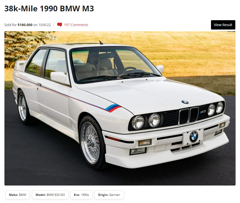 A screenshot from bringatrailer.com, showing a 38k-Mile 1990 BMW M3 sold for $180,000 on October 6, 2022.