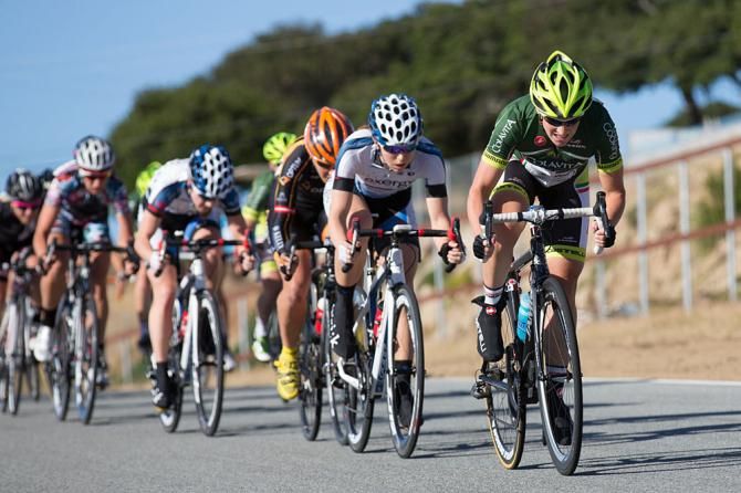 Leah Guloien sets a high pace as the Colavita team tries to set up a their sprint for the finish of the women's criterium.