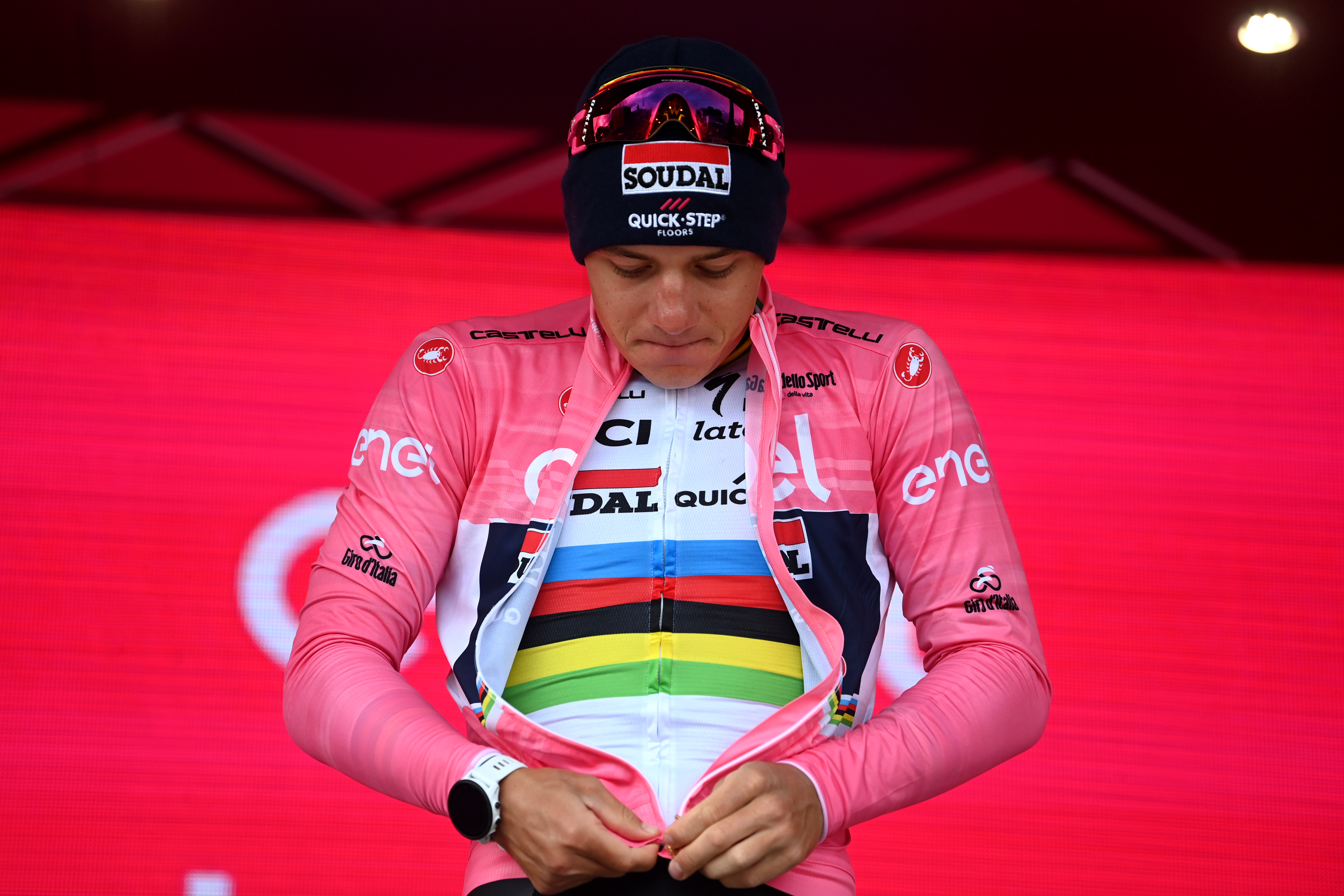 CESENA, ITALY - MAY 14: Remco Evenepoel of Belgium and Team Soudal - Quick Step celebrates at podium as Pink Leader Jersey winner during the 106th Giro d&#039;Italia 2023, Stage 9 a 35km individual time trial stage from Savignano sul Rubicone to Cesena / #UCIWT / on May 14, 2023 in Cesena, Italy. (Photo by Tim de Waele/Getty Images)