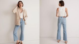 composite of model wearing Madewell The Petite Perfect Vintage Flare Crop Jean in light blue