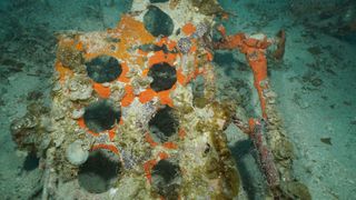 Punched holes in a panel from an SBD-5 Dauntless dive bomber are visible in wreckage resting on the floor of Truk Lagoon near the main debris site.