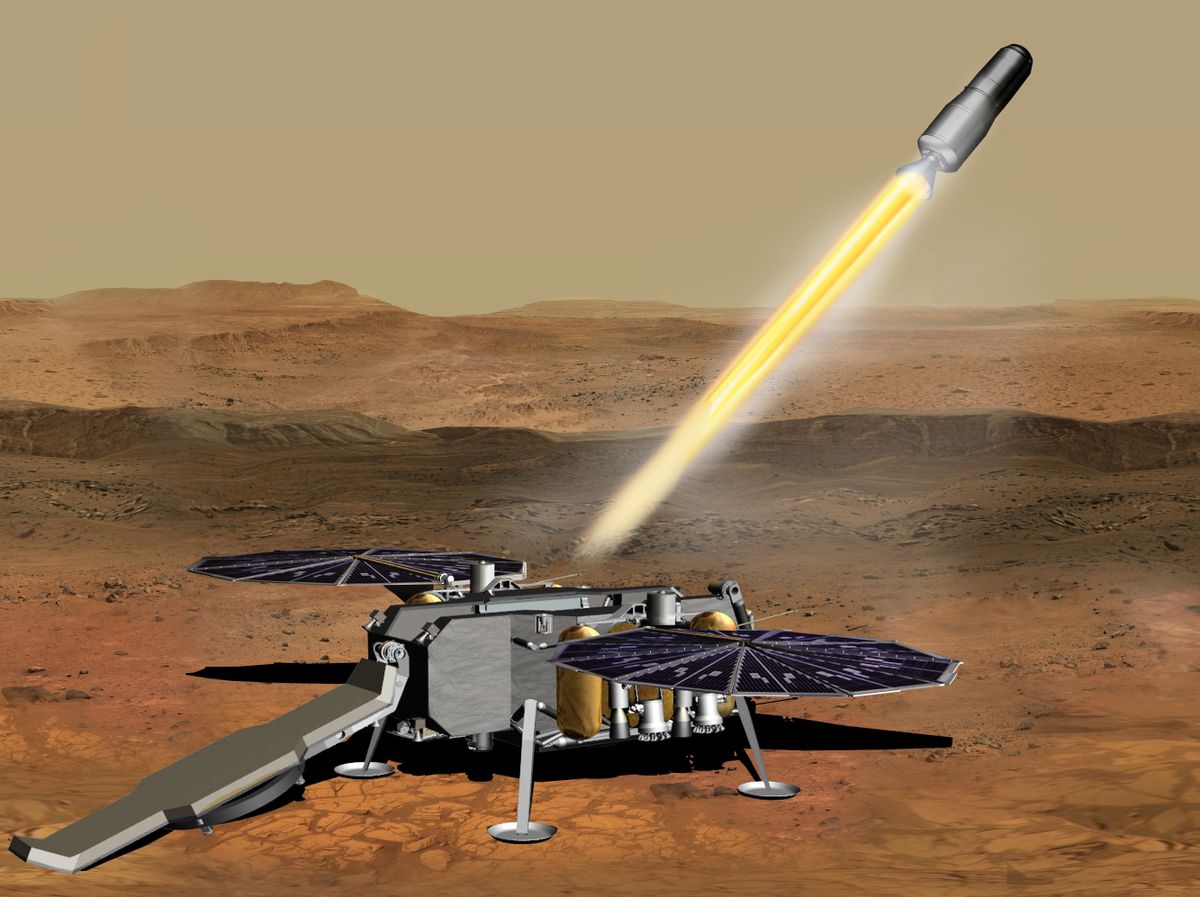 An artist&#039;s depiction of a rocket launching Mars samples off the planet&#039;s surface for the journey to Earth.