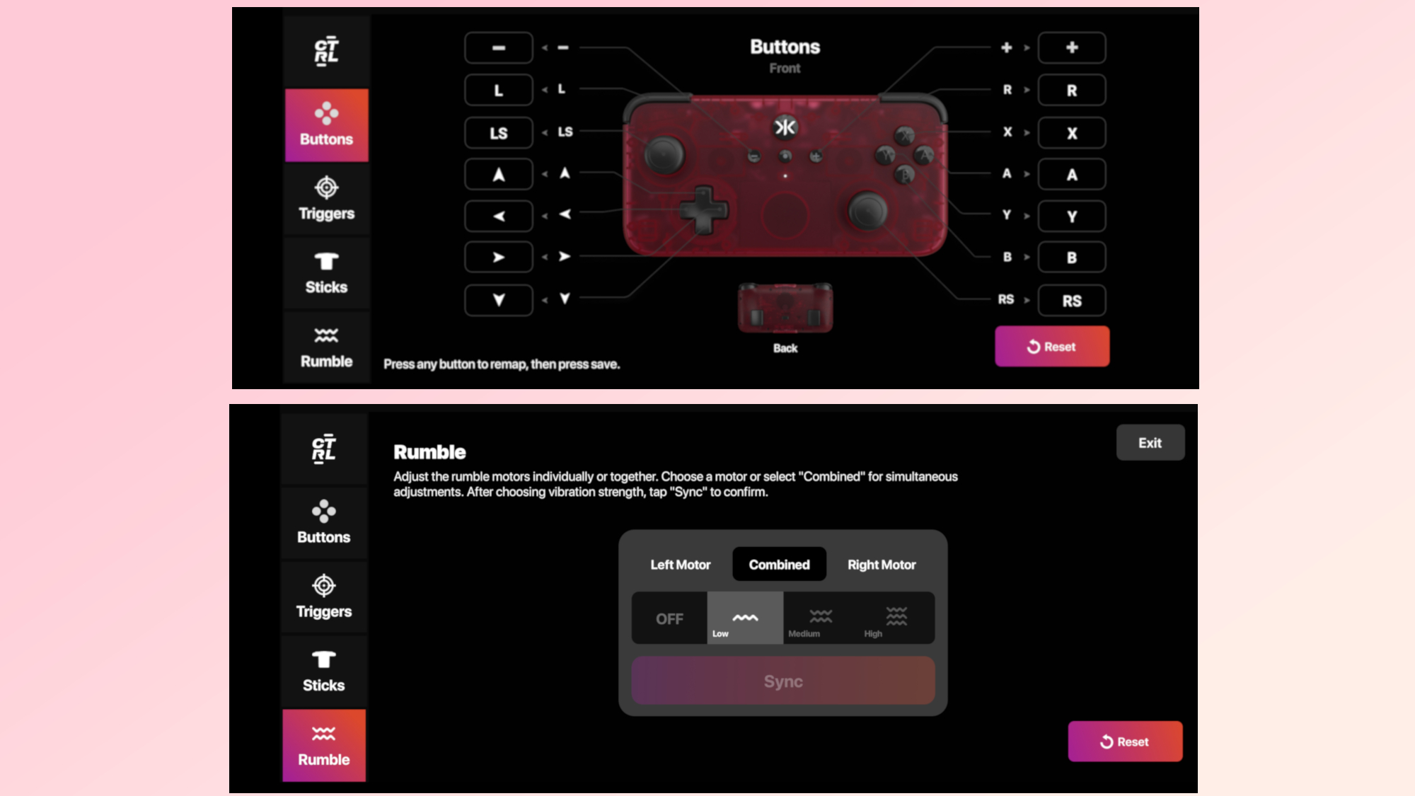 Screenshots showing how you customize the CRKD NEO S controller in CRKD's CTRL app