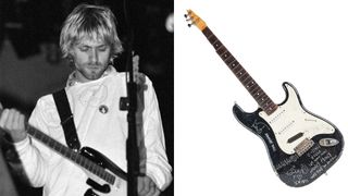 Kurt Cobain plays a Fender Stratocaster (left), the aforementioned Stratocaster after it was smashed by Kurt Cobain