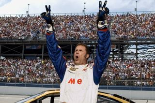 will ferrell as a nascar driving celebrating on the track in talladega nights