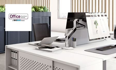Office furniture online logo top left with a picture of computers in an office