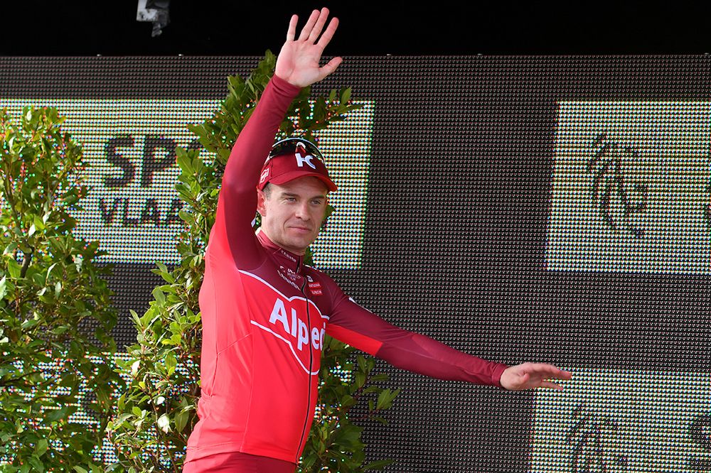 Alexander Kristoff on the podium after winning stage 2 at Three Days of De Panne