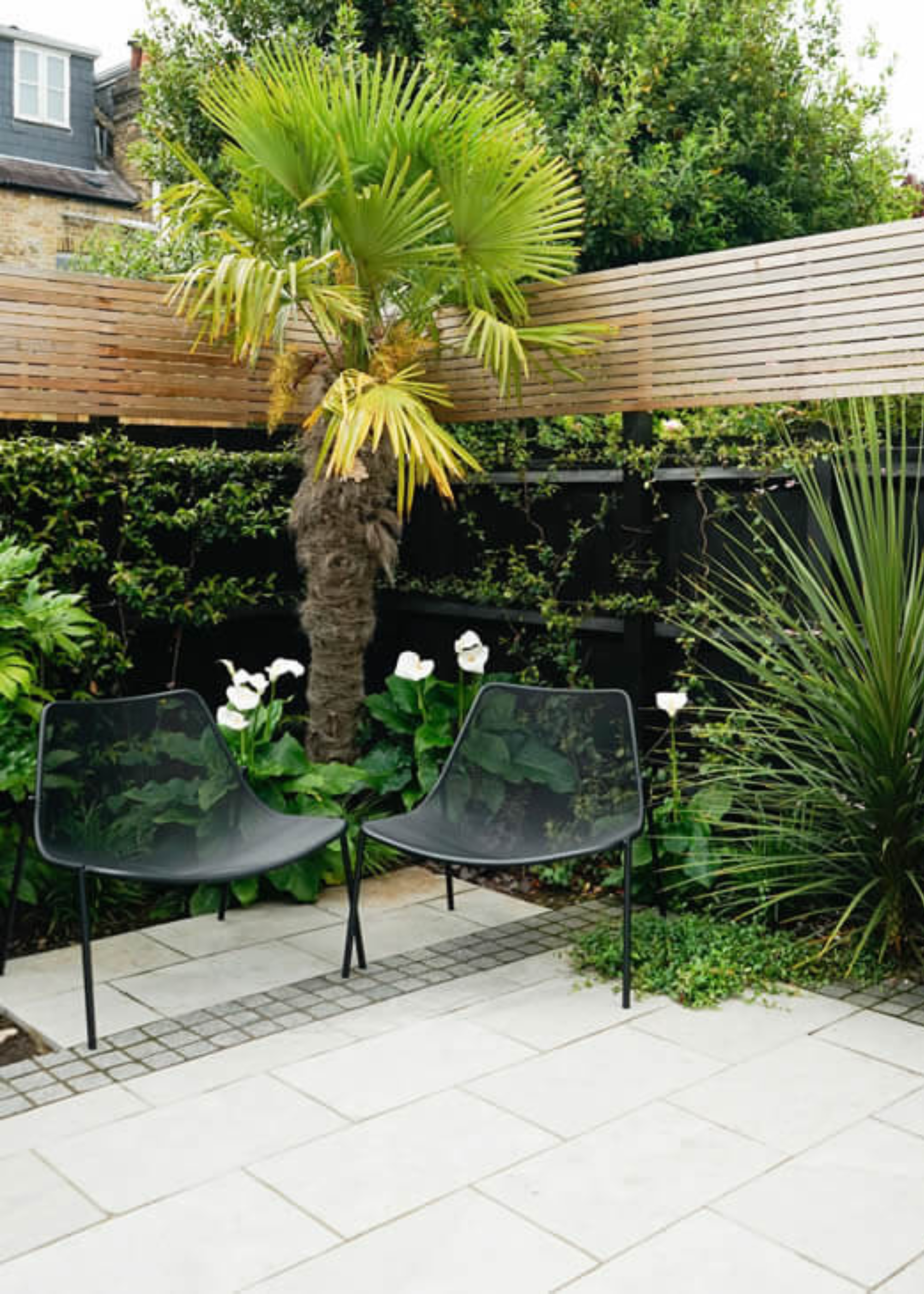 small courtyard with grey paving, black fencing, black furniture and lots of vibrant green plants