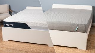 The Nectar Classic Memory Foam Mattress on a bed frame in a bedroom (left) and the Siena Memory Foam Mattress on a bed frame in a bedroom (right)