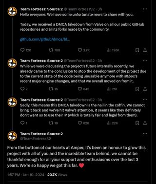 Hello everyone. We have some unfortunate news to share with you. Today, we received a DMCA takedown from Valve on all our public GitHub repositories and all its forks made by the community. While we were discussing the project's future internally recently, we already came to the conclusion to stop the development of the project due to the current state of the code being unusable anymore with s&box's recent major engine changes, and that we overall moved on from it. Sadly, this means this DMCA takedown is the nail in the coffin. We cannot bring it back and we've hit Valve's attention, it seems like they definitely don't want us to use their IP (which is totally fair and legal from them). From the bottom of our hearts at Amper, it's been an honour to grow this project with all of you and the incredible team behind, we cannot be thankful enough for all your support and enthusiasms over the last 3 years. We're so happy we got this far. ❤️