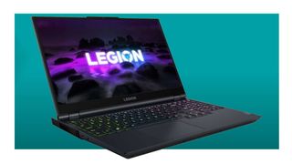Image of the Lenovo Legion 5 gaming laptop front three quarter view on blue.