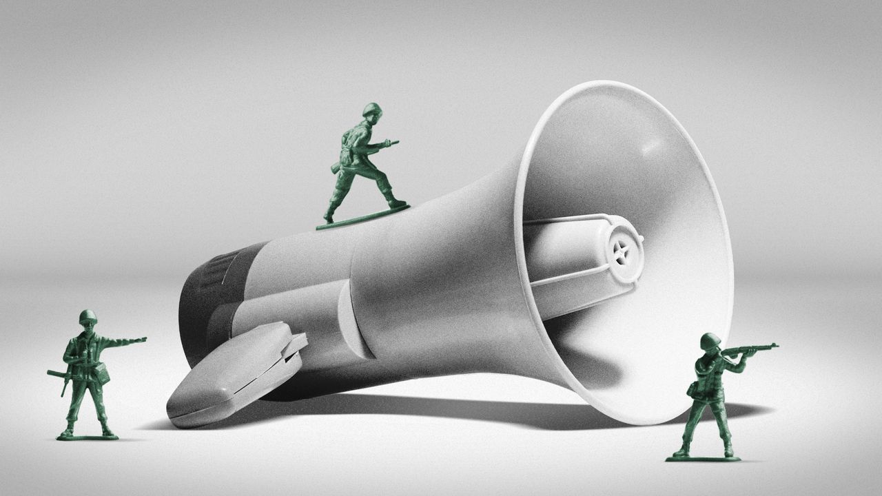 Megaphone surrounded by toy soldiers