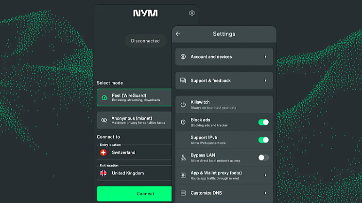 NymVPN app interface showing the Settings tab, including new ad-blocker tool (March 2026)
