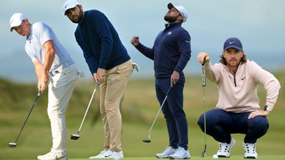 Rory McIlroy, Scottie Scheffler, Tyrrell Hatton and Tommy Fleetwood going through various stages of putting on the green