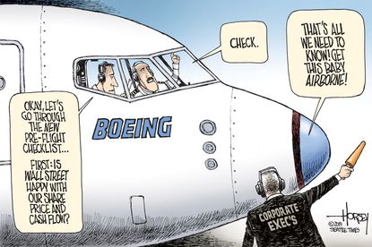 Political Cartoon U.S. Wall Street 737 Max crash safety checks corporate executives