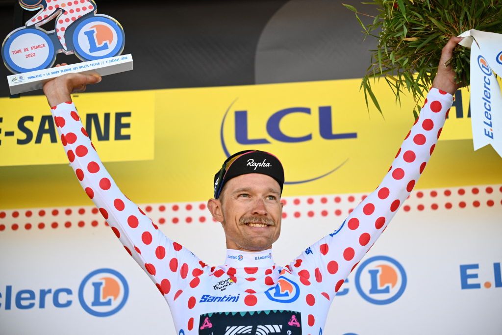 Danish Magnus Cort Nielsen of EF EducationEasyPost celebrates on the podium of stage seven of the Tour de France cycling race a 176 km race from Tomblaine to La Super Planche des Belles Filles France on Friday 08 July 2022 This years Tour de France takes place from 01 to 24 July 2022 BELGA PHOTO POOL JASPER JACOBS UK OUT Photo by JASPER JACOBS BELGA MAG Belga via AFP Photo by JASPER JACOBSBELGA MAGAFP via Getty Images