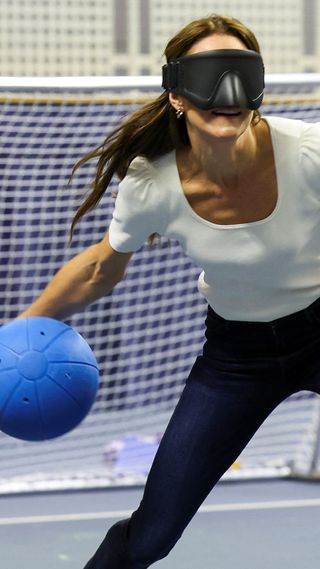 Kate Middleton playing goalball with a mask around her eyes