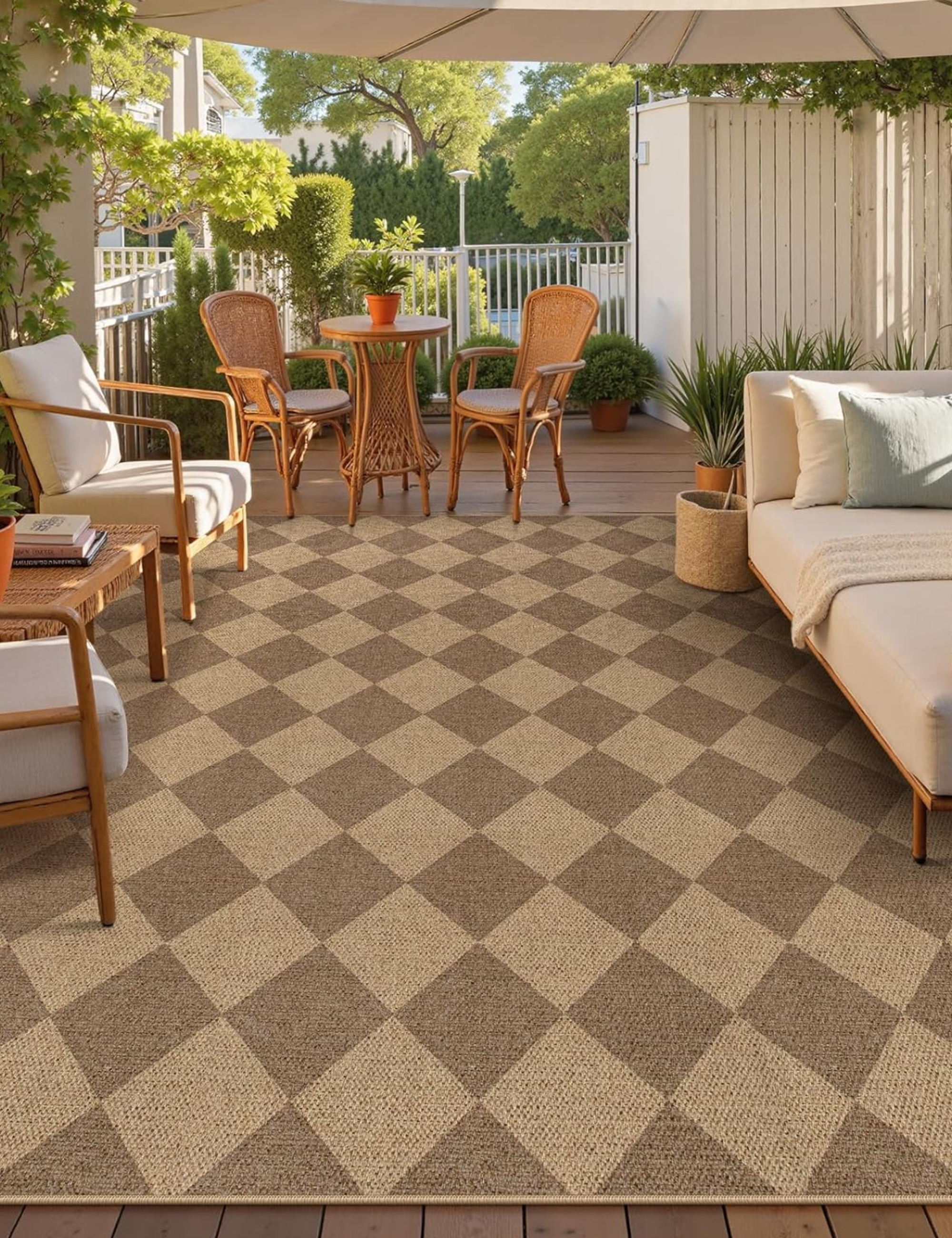 Neutral outdoor harlequin rug styled on a shaded wooden patio alongside upholstered wooden seating and a rattan bistro set