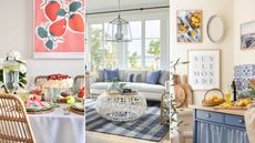 Summer decor trends are so chic. Here are three of these - a white dining table with tennis balls and a pavlova on top of it and a strawberry print on the wall, a living room with a white couch, large glass windows and a striped blue rug, and a kitchen with a blue cabinet with lemons on and blue and white wall decor on the walls