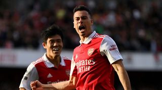 Arsenal star Gabriel Martinelli after scoring their team's first goal during the Premier League match between Arsenal FC and Liverpool FC at Emirates Stadium on October 09, 2022 in London, England.