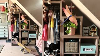 Pink under-stairs storage IKEA Kallax hack
