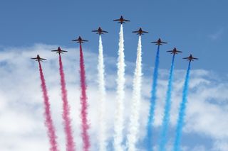 The Red Arrows fly over The Mall during Trooping the Colour on June 15, 2024 in London, England.