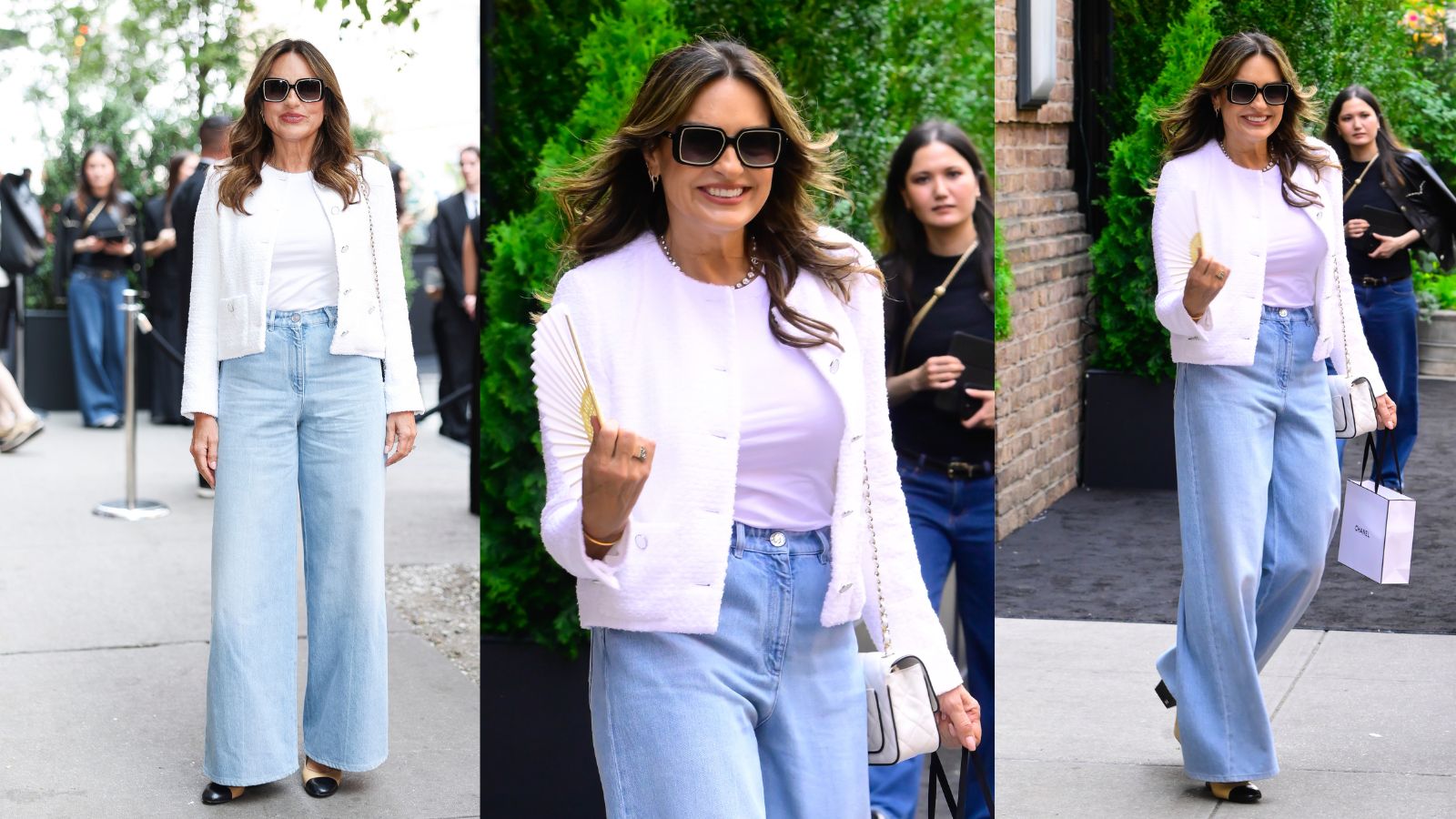 Mariska Hargitay in a boucle jacket in light wash denim