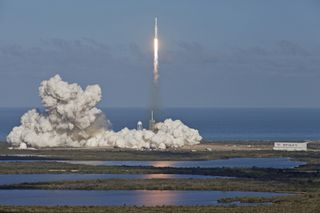 SpaceX's debut Falcon Heavy rocket lifts off from NASA's Pad 39A at the Kennedy Space Center on Feb. 6, 2018.
