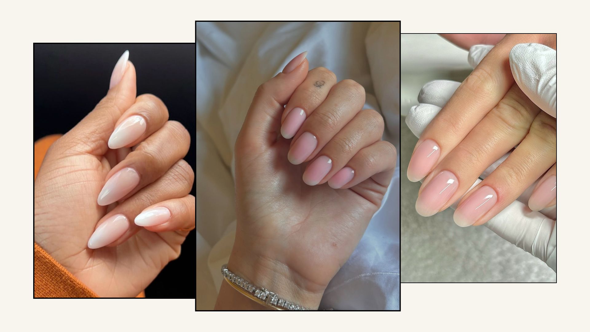 Three pictures of women's hands with blurred French manicure nail designs