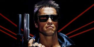 The Terminator Arnold wearing sunglasses, holding a gun, with lasers behind him