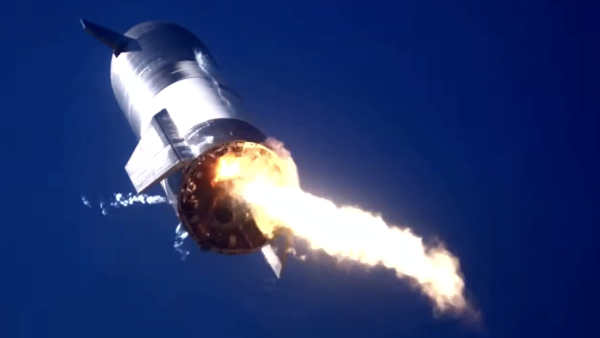 SpaceX&#039;s giant Starship SN9 is pictured attempting to right itself for landing, just before exploding.