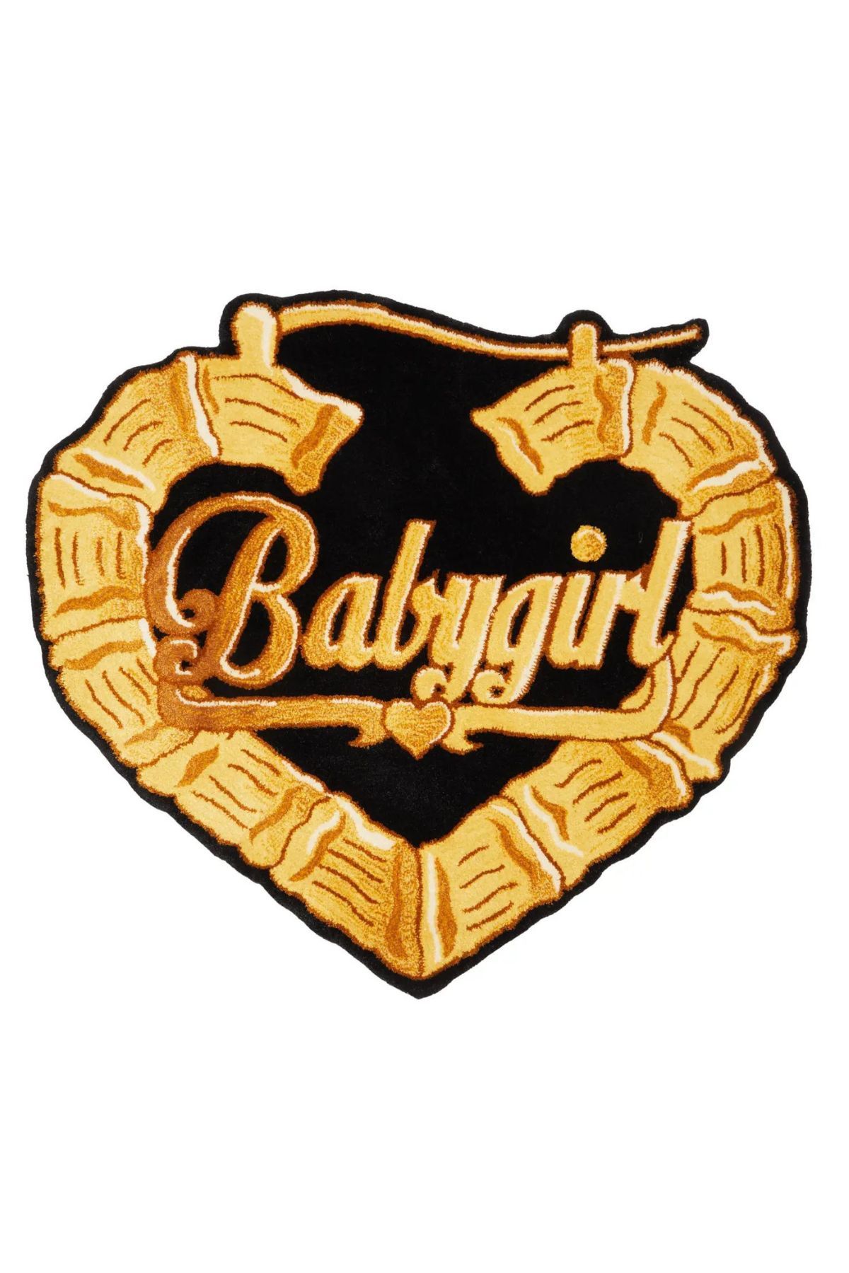 heart-shaped rug that says "Babygirl" with yellow gold jewelry motif and black background