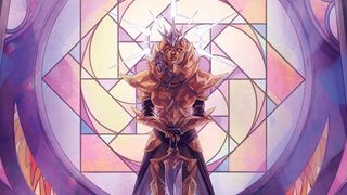 Digital art showing a fantasy character design in purple and magenta hues