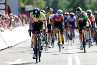 LANDGRAAF NETHERLANDS SEPTEMBER 02 Lorena Wiebes of Netherlands and Team DSM Yellow leader jersey crosses the finish line during the 25th Simac Ladies Tour 2022 Stage 4 a 1352km stage from Landgraaf to Landgraaf SLT2022 UCIWWT on September 02 2022 in Landgraaf Netherlands Photo by Bas CzerwinskiGetty Images