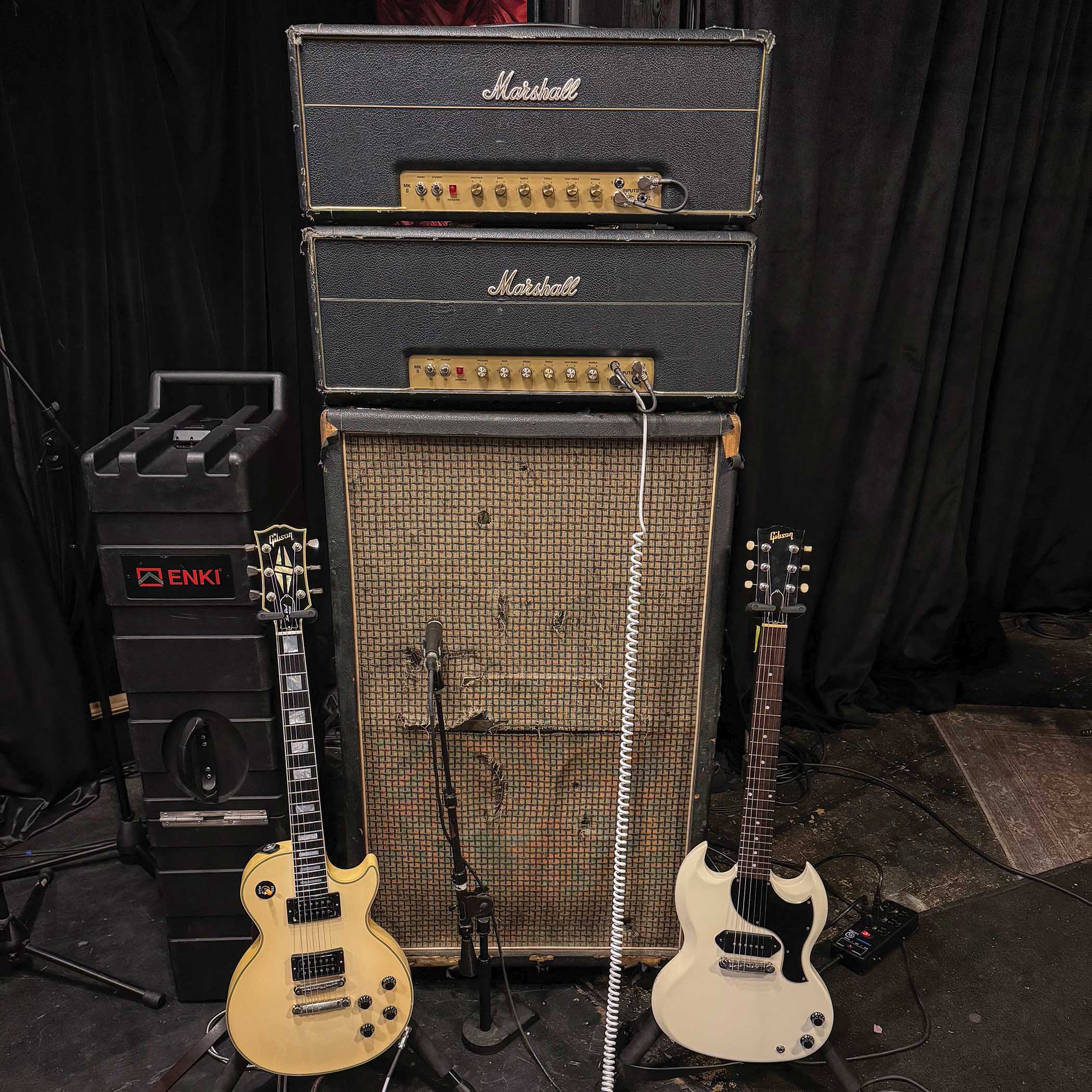 Luke Bentham&amp;rsquo;s Gibson-and-Marshall rig includes a Les Paul Custom [left], SG Junior, and Seventies 8x10 cabinet