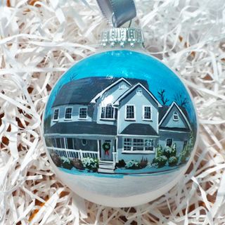 Hand painted christmas ornament, round bauble with house scene
