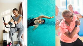 Collage of women doing cardiovascular exercise, including cycling on a stationary bike, swimming in a pool, and dancing